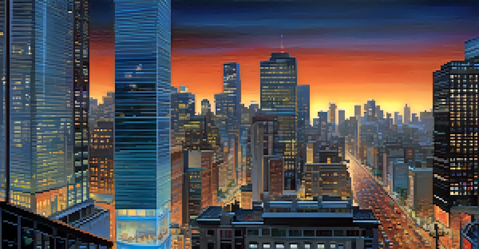 A bustling cityscape at dusk with illuminated skyscrapers and a vibrant sky, featuring silhouettes of people on the street.