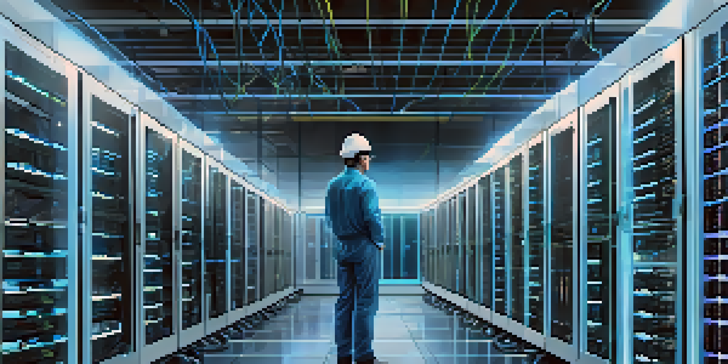A modern server room with server racks illuminated by blue LED lights, and a technician inspecting a server.
