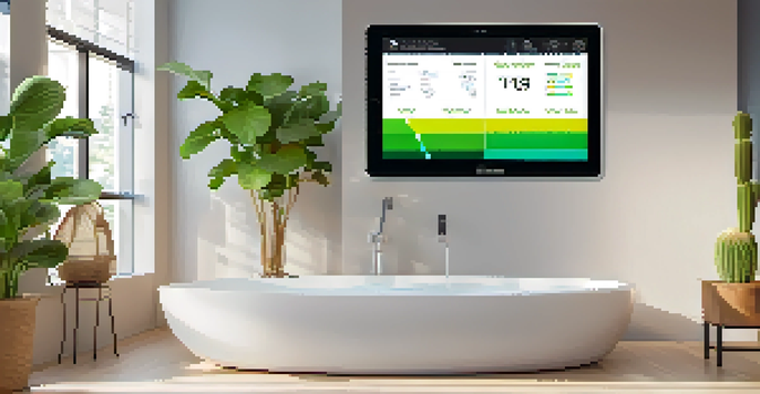 A bright modern living room with a tablet showing energy usage data on the wall.