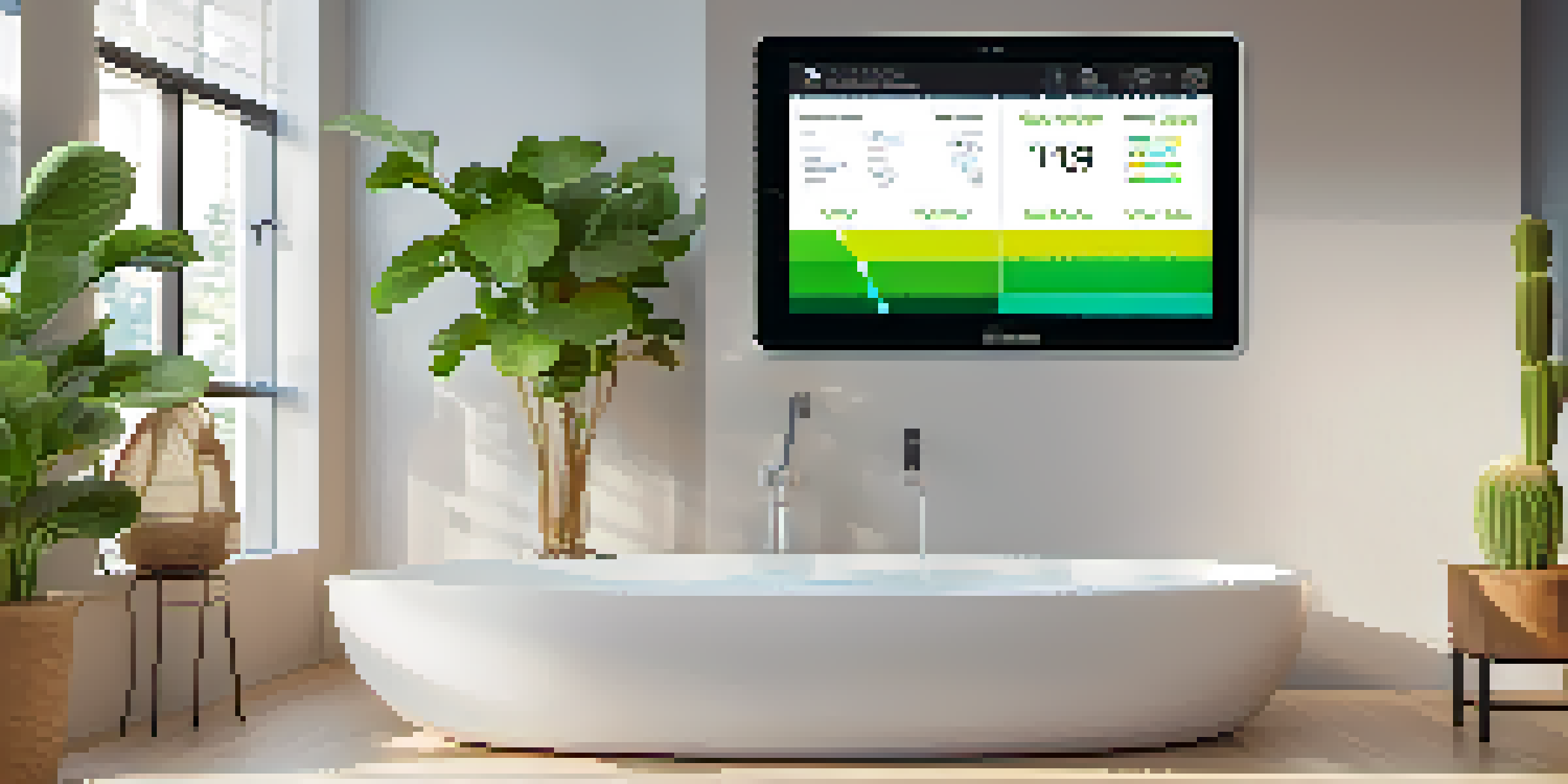 A bright modern living room with a tablet showing energy usage data on the wall.