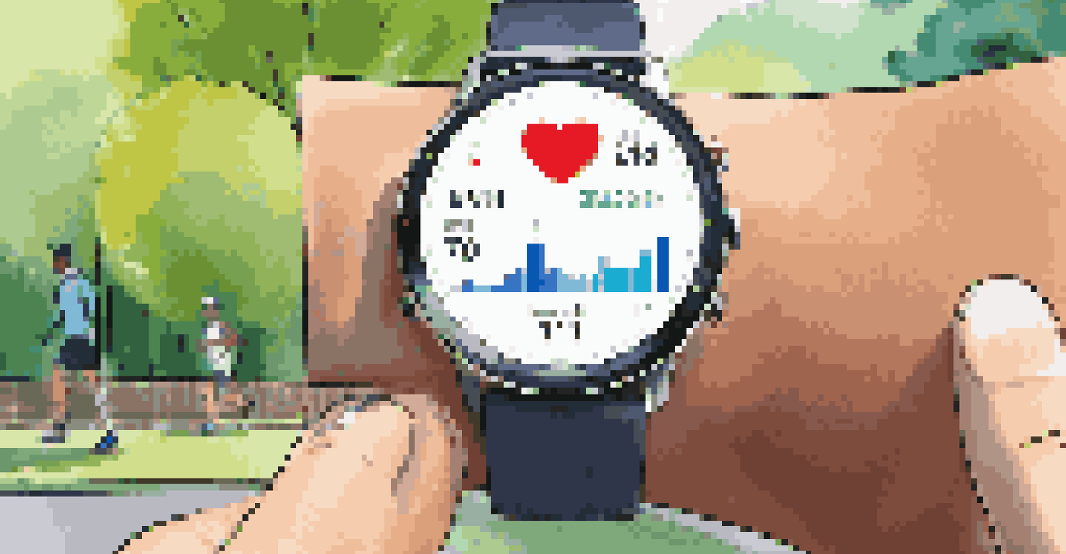 A close-up of a smartwatch on a wrist, showing health data against a blurred park background.