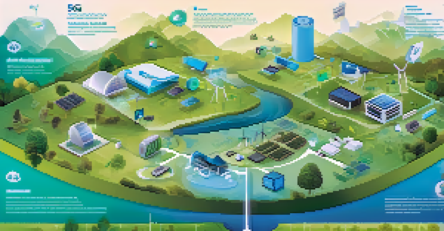An infographic showing the environmental impacts of 5G technology, featuring energy efficiency and recycling elements in a sustainable color palette.