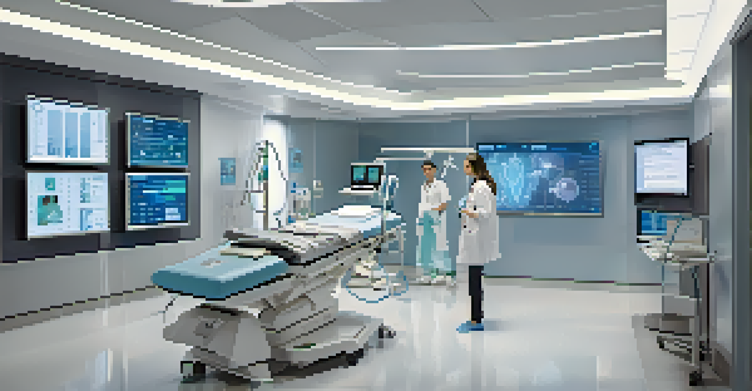 A healthcare environment with doctors and nurses monitoring patient vitals on digital screens in real time.