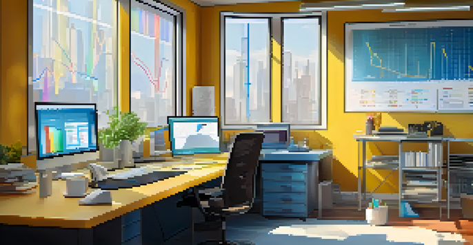 A workspace with a computer monitor showing colorful data visualizations, surrounded by notebooks and a coffee mug, illuminated by natural light.