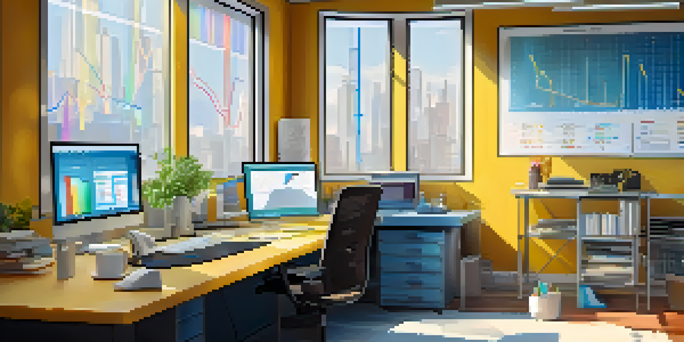 A workspace with a computer monitor showing colorful data visualizations, surrounded by notebooks and a coffee mug, illuminated by natural light.