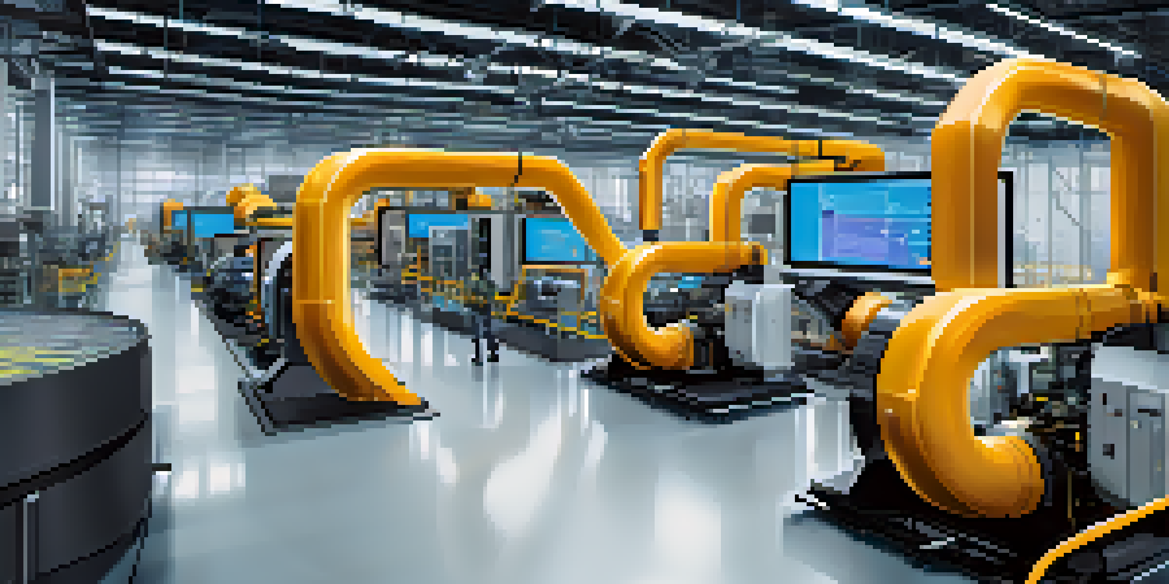 A modern manufacturing floor with digital twin technology and real-time data analytics displayed on a screen.