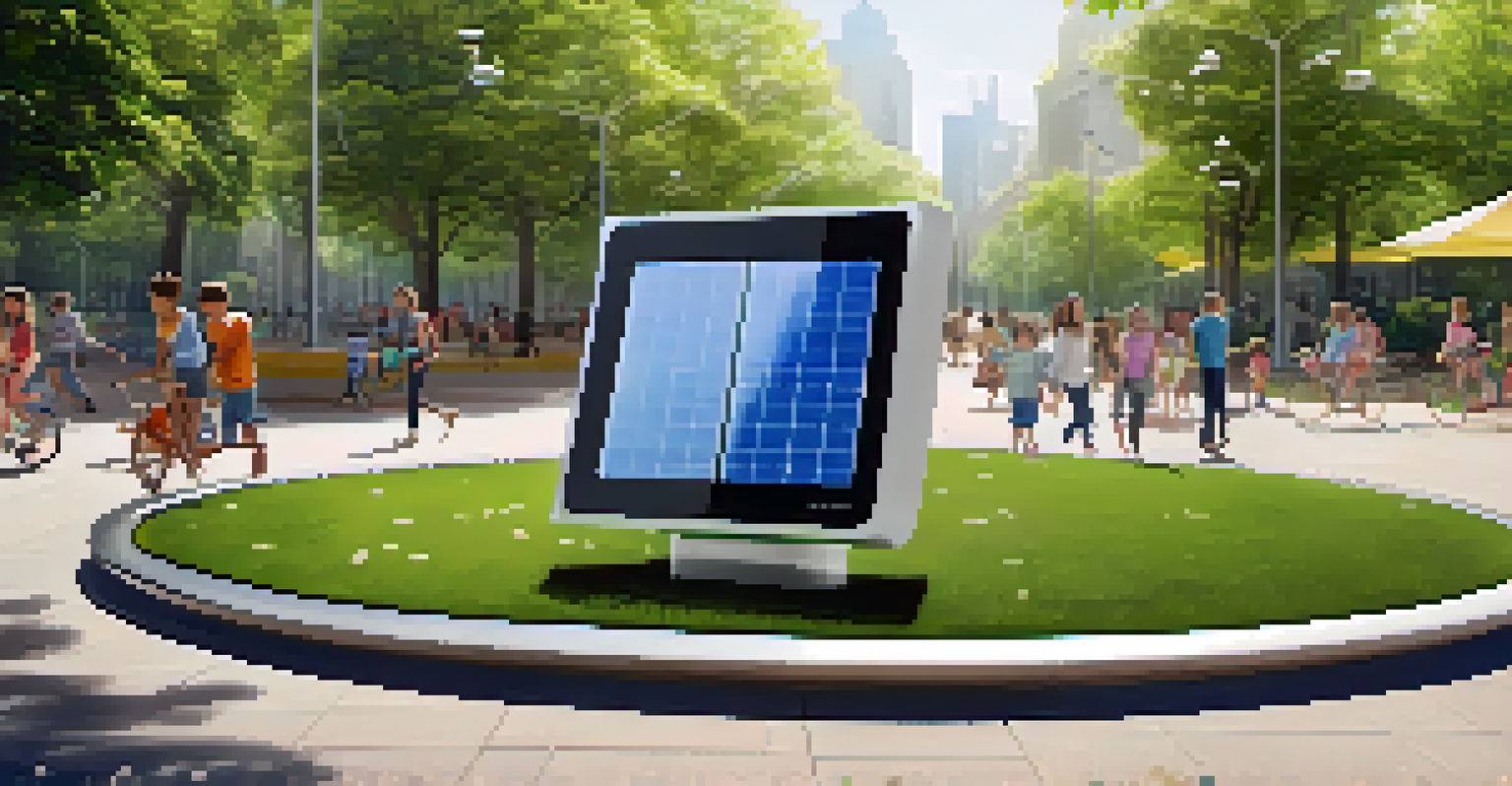 A close-up of a smart sensor in a park surrounded by flowers and greenery, with families enjoying the space in the background.
