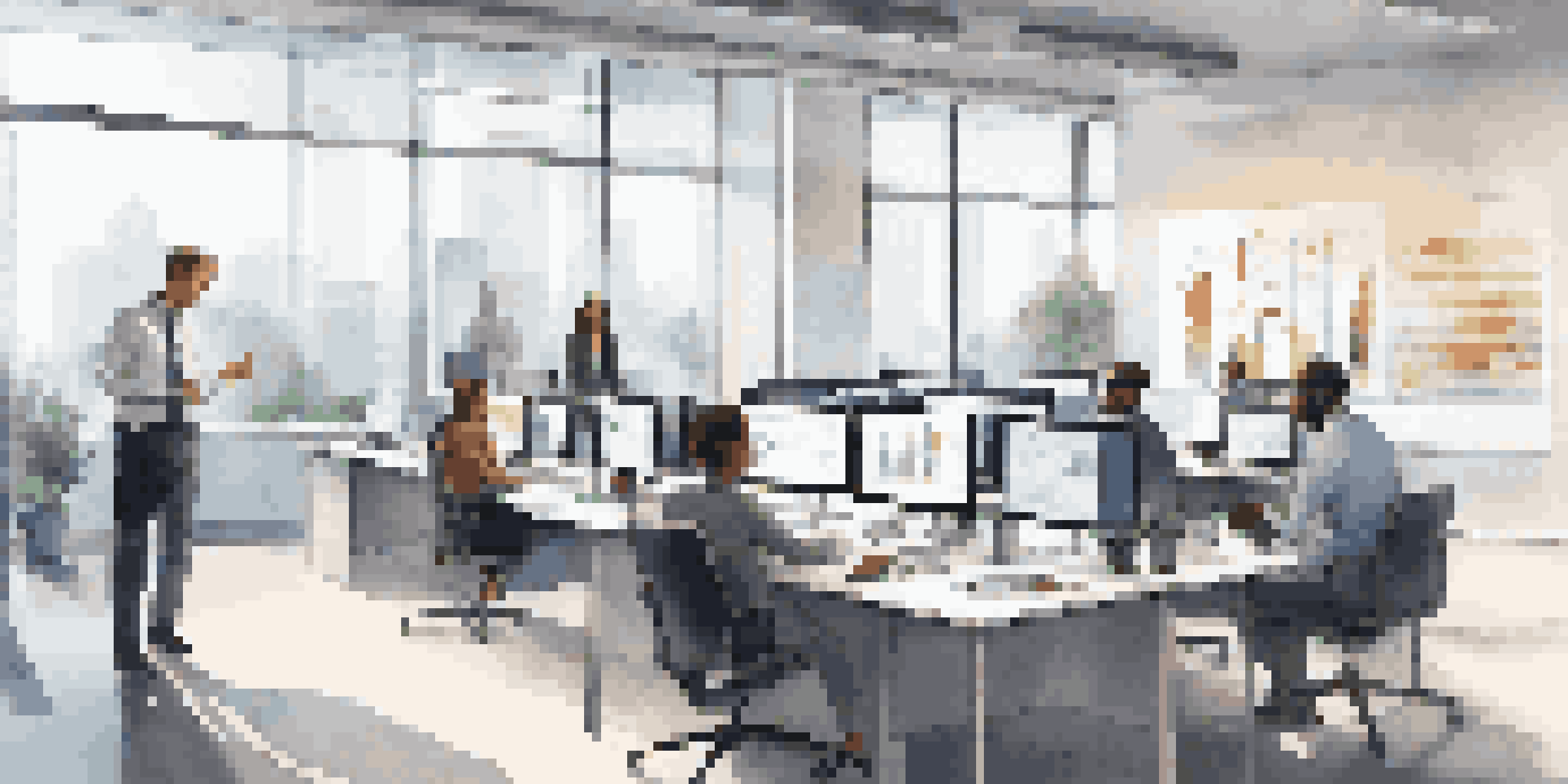 A diverse group of professionals in a modern office discussing real-time data analytics displayed on multiple screens.