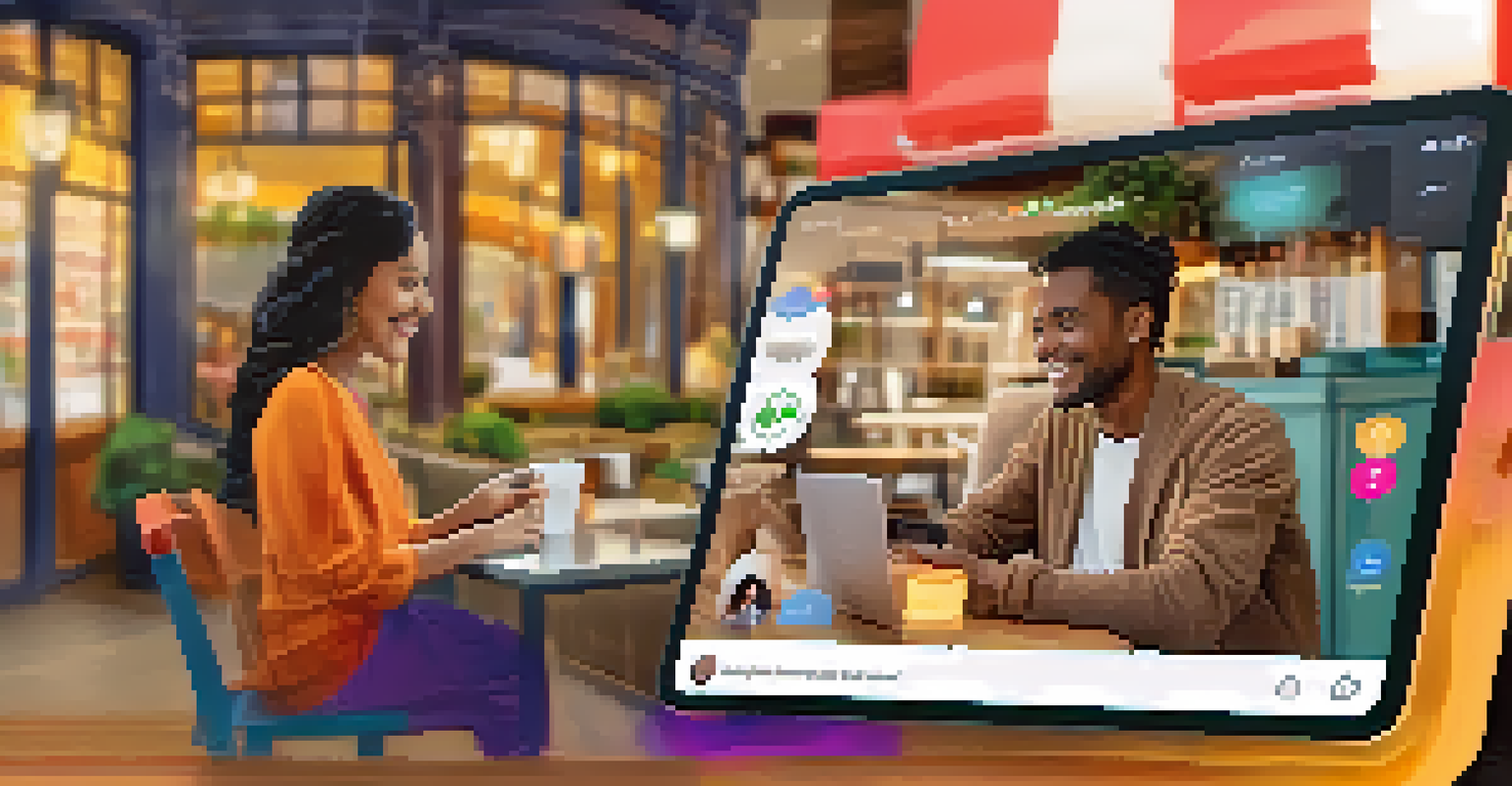 A smartphone screen displaying a friendly AI chatbot conversation in a cozy coffee shop, with people in the background enjoying their drinks.