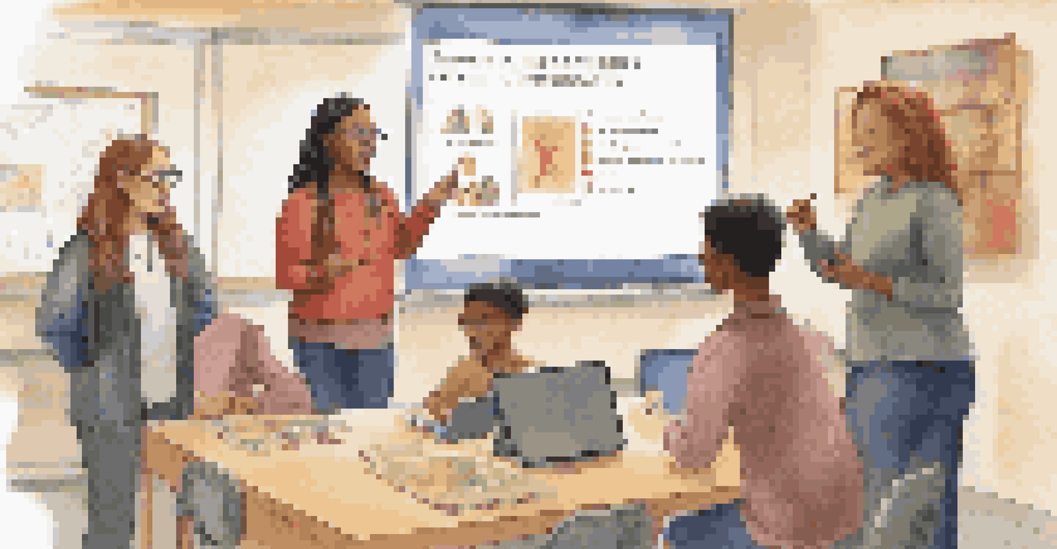 A teacher guiding students in a classroom, showing them an Augmented Reality application on a digital tablet.