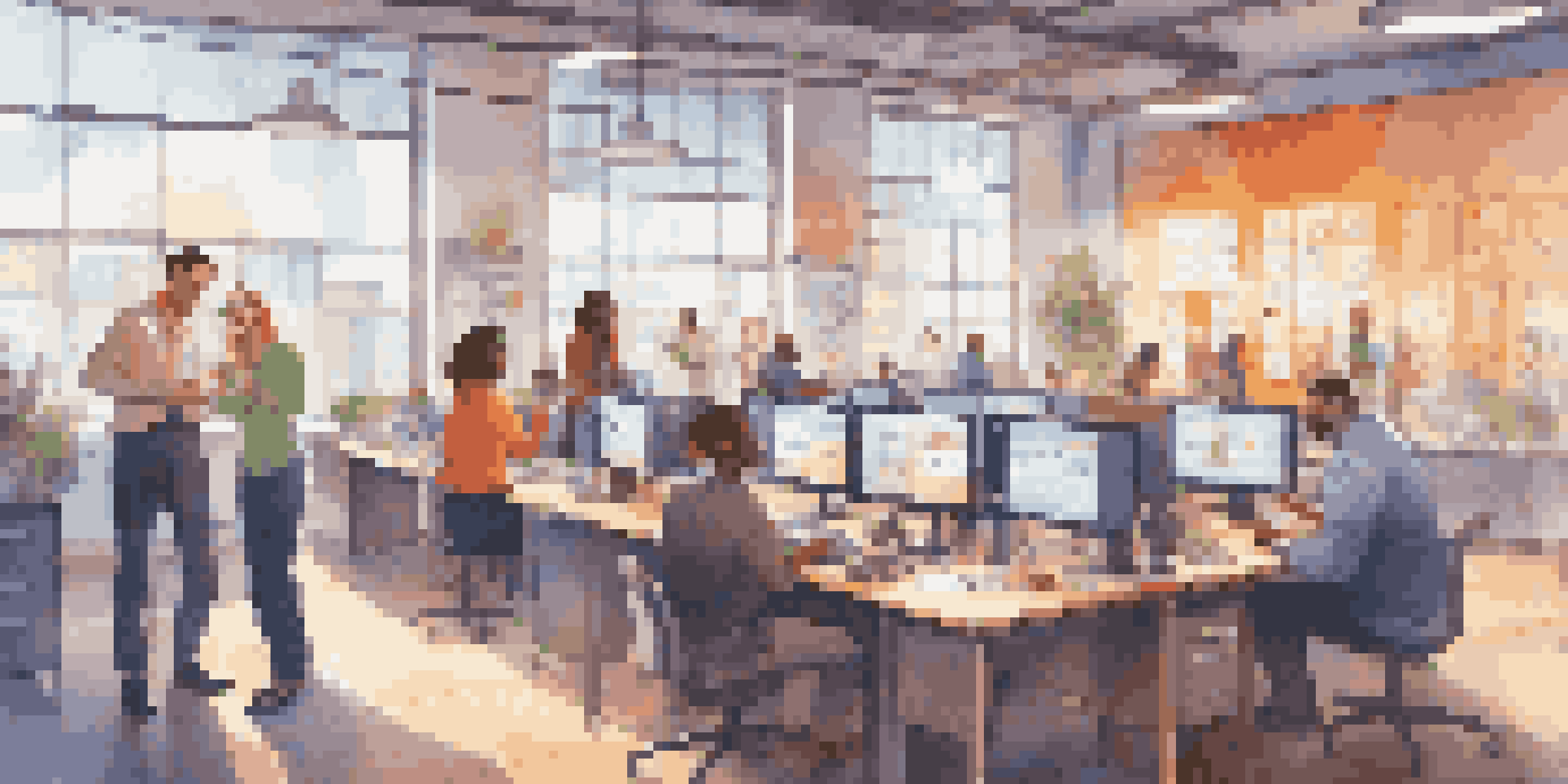 A lively office environment with diverse employees celebrating their achievements. Leaderboards and badges are visible, and the room is filled with natural light.