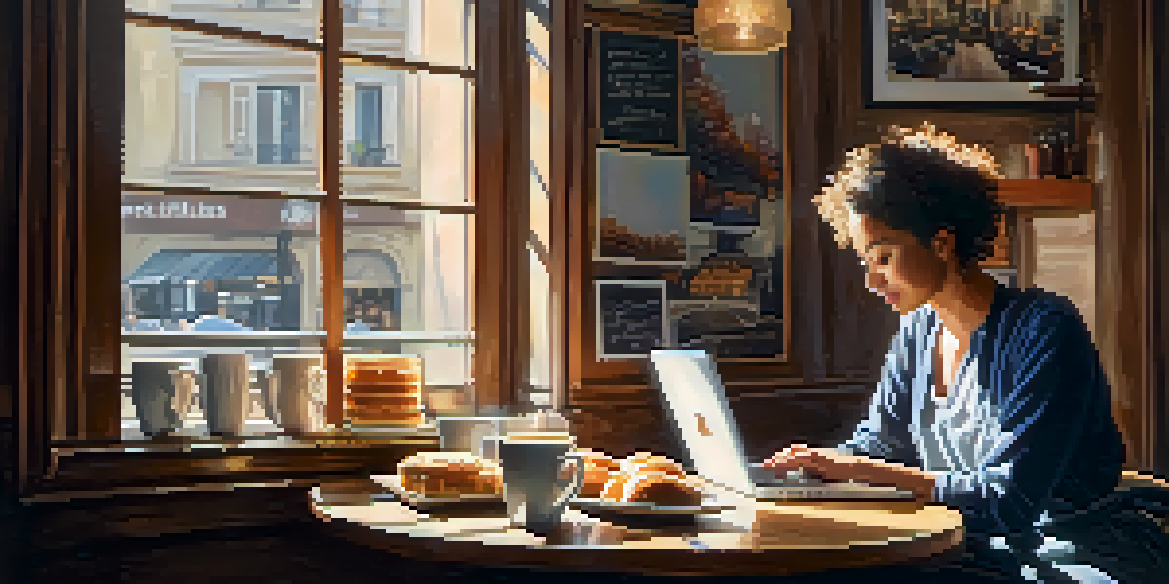 A person working on a laptop in a coffee shop in Paris, with pastries and coffee on the table, illuminated by sunlight.