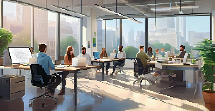 A diverse team of developers collaborating in a modern office space, with laptops and whiteboards filled with notes.