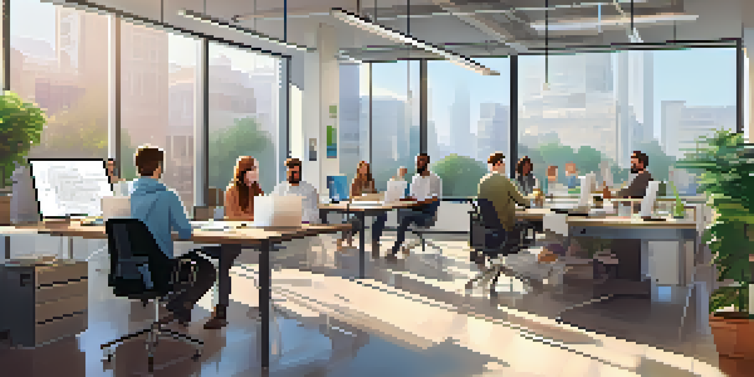 A diverse team of developers collaborating in a modern office space, with laptops and whiteboards filled with notes.