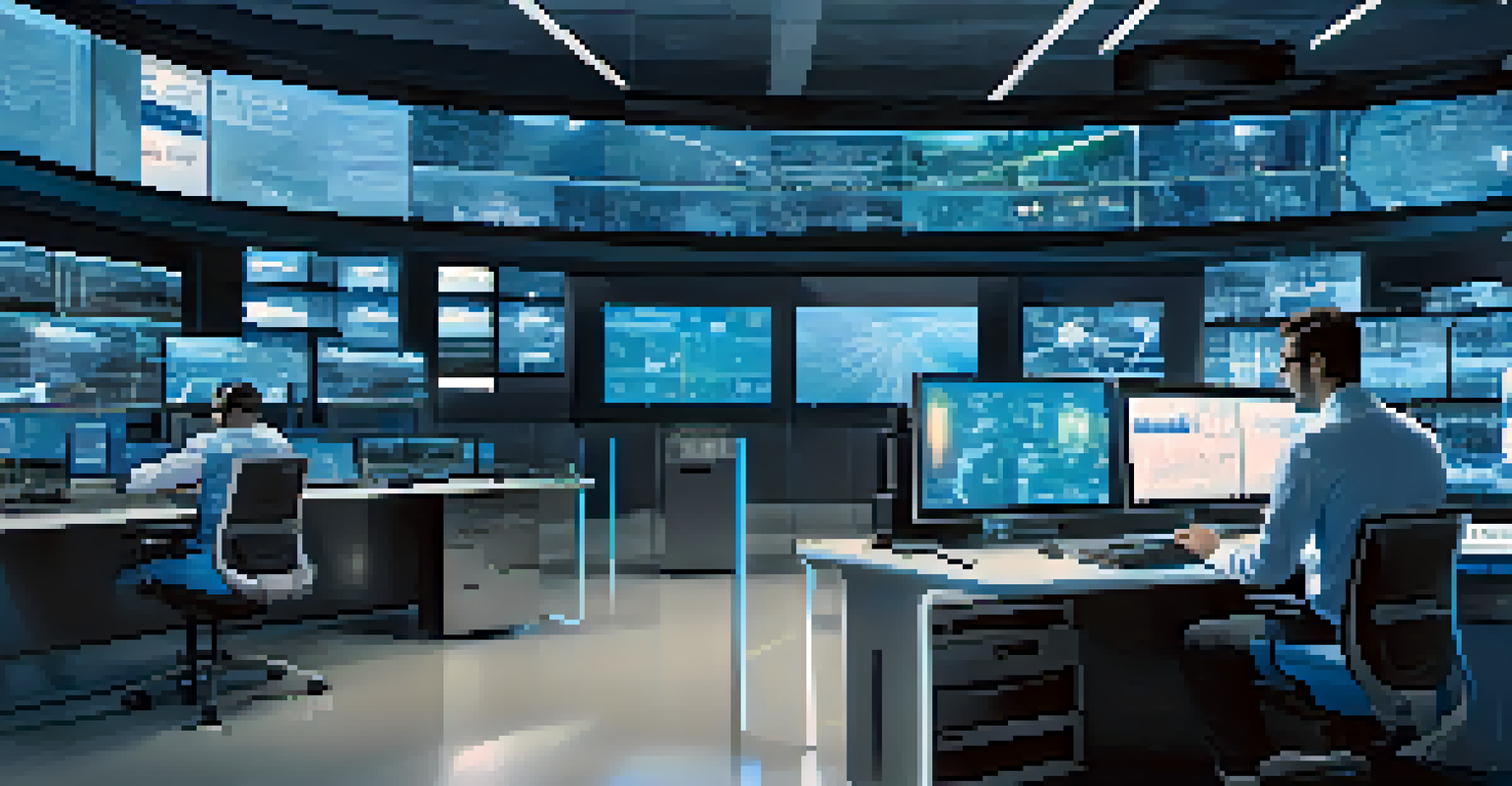 An engineer in a control room analyzing 5G network data on multiple screens.