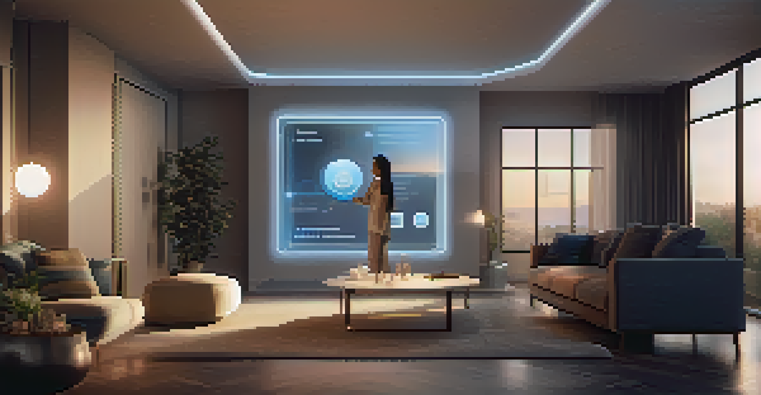 A futuristic smart home scene with an AI digital assistant providing personalized suggestions to a user.