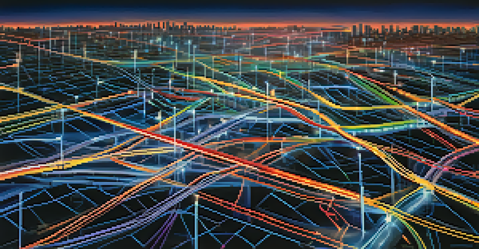 An abstract digital image showing interconnected highways representing network virtualization with glowing lines on a dark blue background.