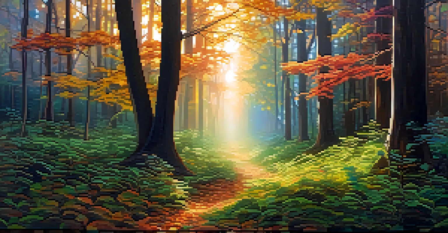 A forest with digital glowing leaves on trees, representing the connectivity of decentralized networks.