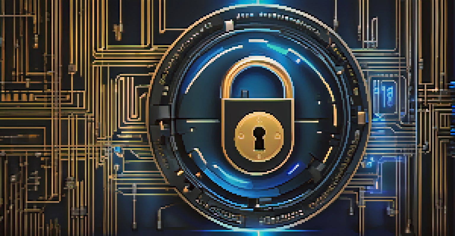 A digital lock symbolizing cybersecurity with quantum key distribution, featuring circuit patterns and glowing symbols against a dark gradient background.