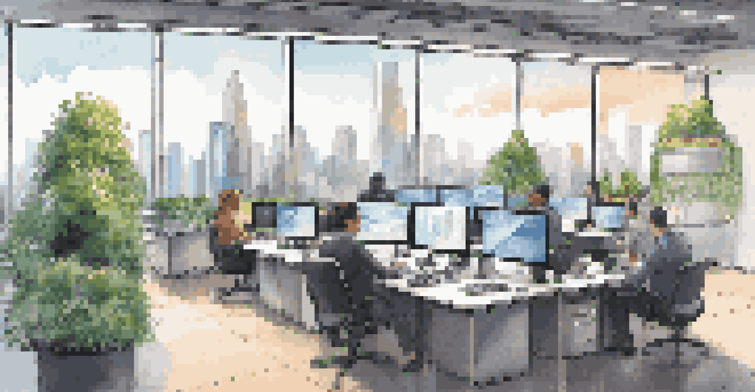 A modern office with professionals analyzing blockchain data on laptops, large windows showing a city skyline, and plants in the room.