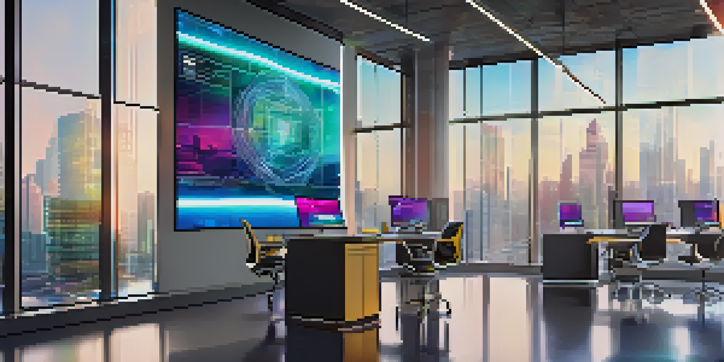 A modern office with a digital screen illustrating smart contracts and decentralized finance, featuring holographic financial representations.