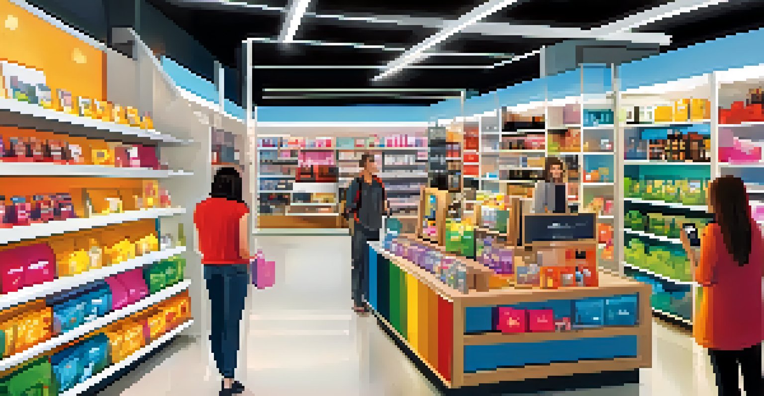 A retail shop with customers using mobile devices and digital displays, creating a vibrant shopping atmosphere.