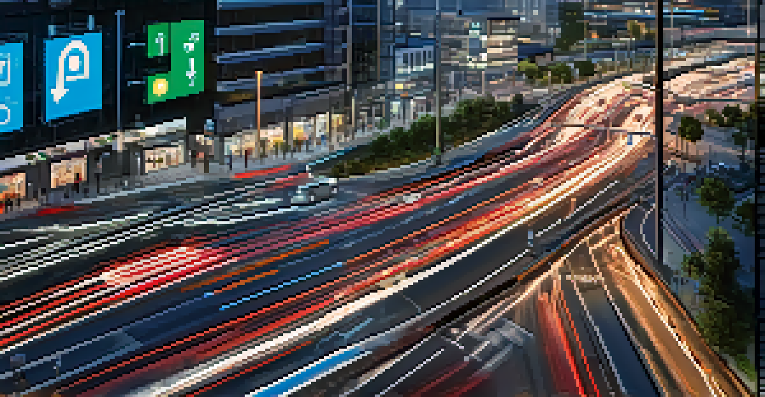 A smart traffic system at an intersection with adaptive traffic lights and vehicles.