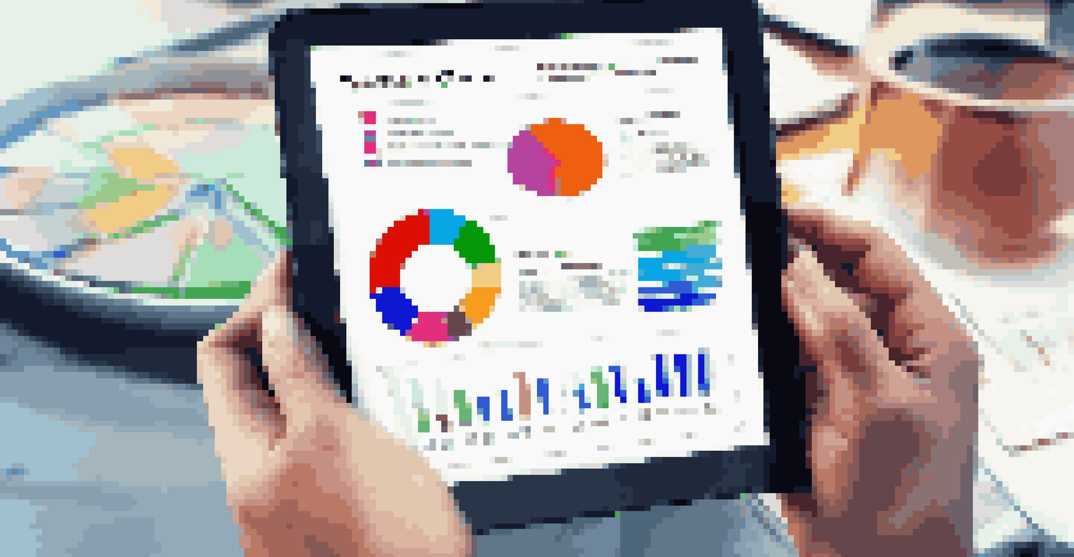 Close-up of hands holding a digital tablet with a pie chart, set against a blurred office background.