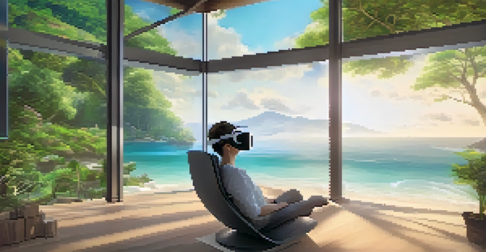 A person in a VR headset participates in a calming therapy session, with nature visuals around them and a supportive therapist nearby.