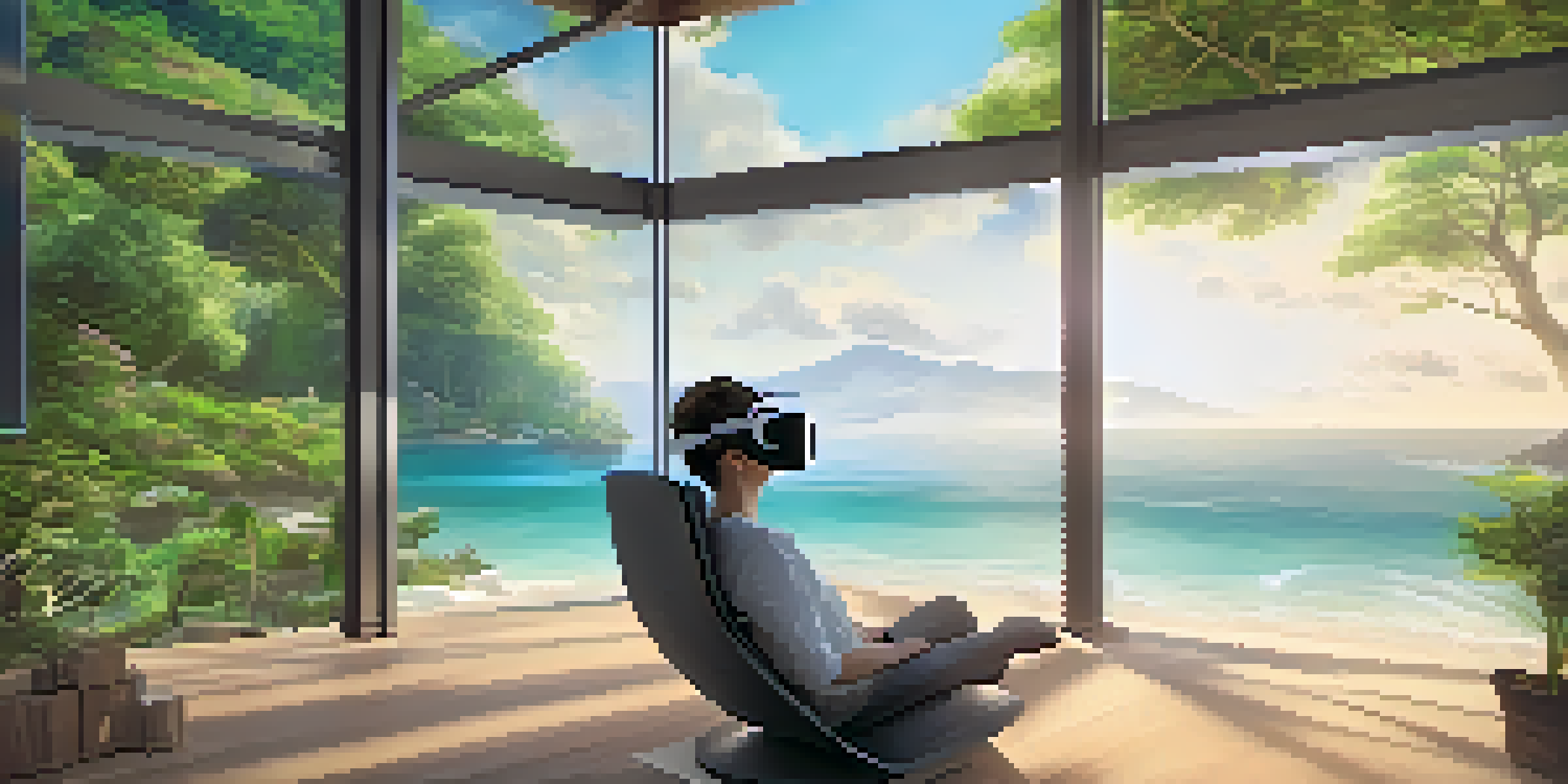 A person in a VR headset participates in a calming therapy session, with nature visuals around them and a supportive therapist nearby.