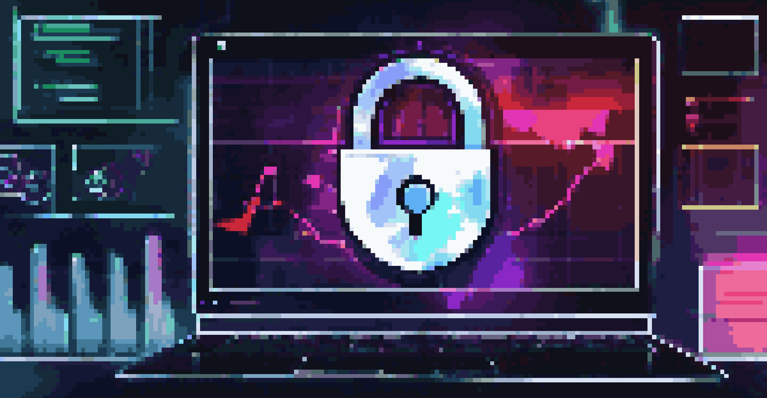 A computer screen showing a digital padlock icon representing data security, with charts in the background.