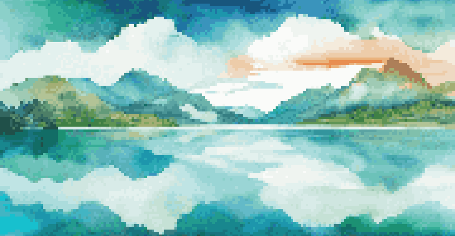 A peaceful landscape with a lake and mountains, overlaid with digital graphics symbolizing cloud computing and analytics.