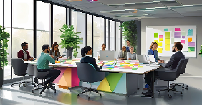 A bright and modern office setting where diverse professionals collaborate on ideas, surrounded by plants and large windows.