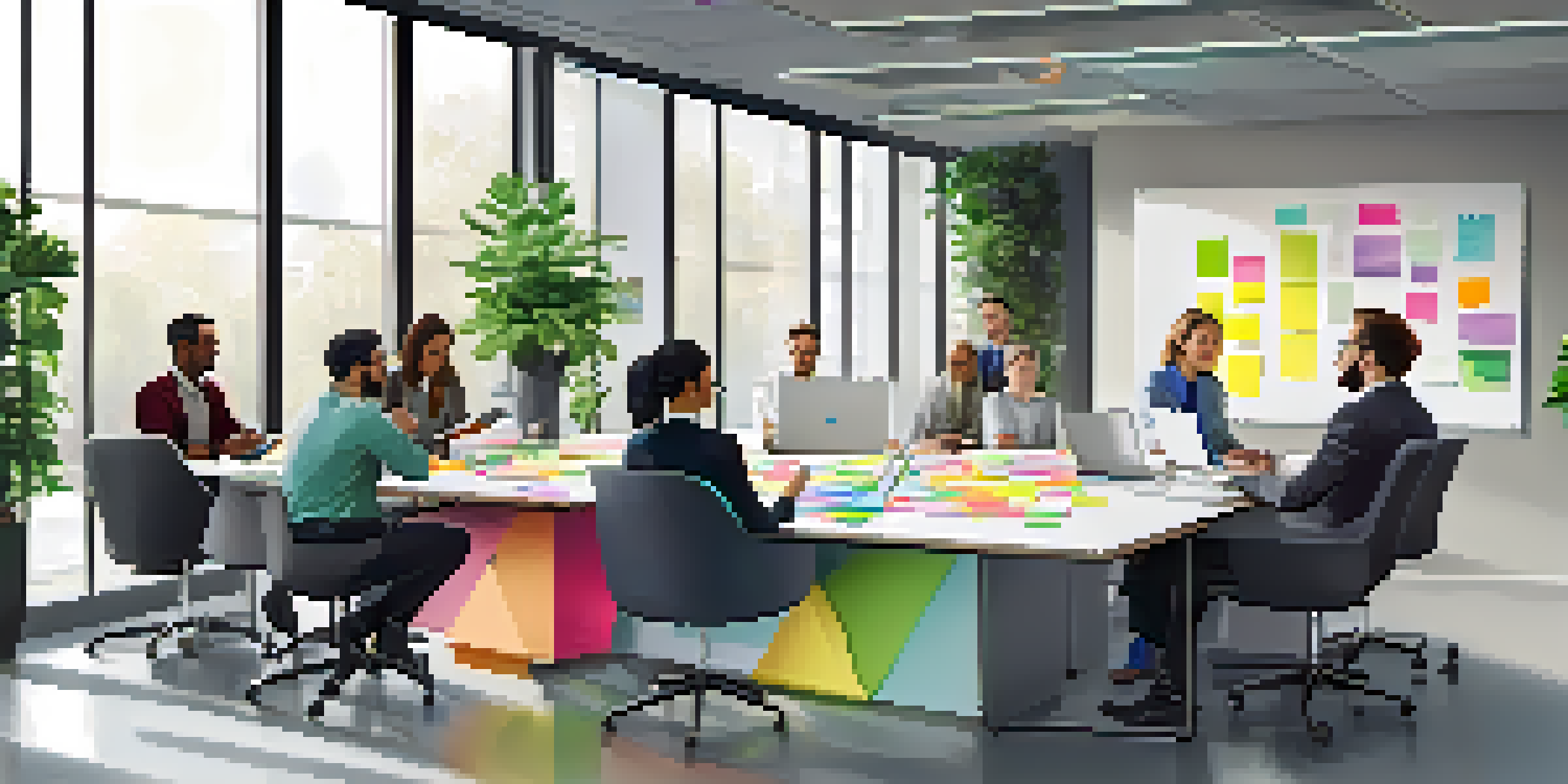 A bright and modern office setting where diverse professionals collaborate on ideas, surrounded by plants and large windows.