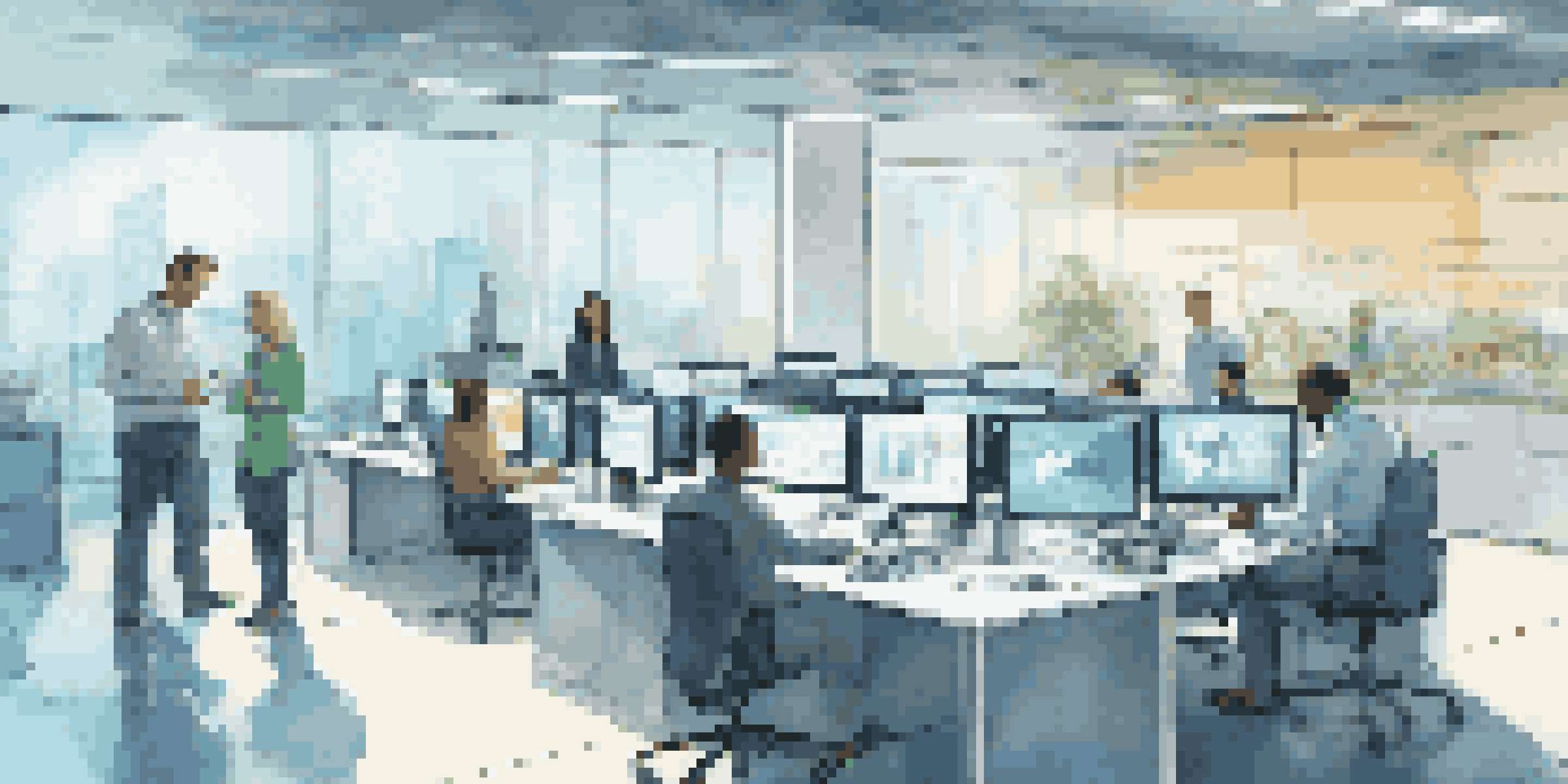 A modern office with diverse employees interacting with digital screens and a robotic assistant processing data, showcasing collaboration between humans and automation.