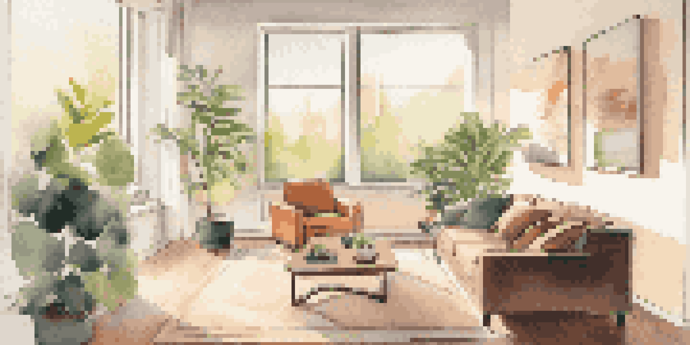 A cozy modern living room with a smart thermostat on the wall and sunlight filtering through large windows.