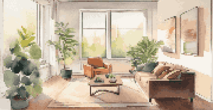 A cozy modern living room with a smart thermostat on the wall and sunlight filtering through large windows.