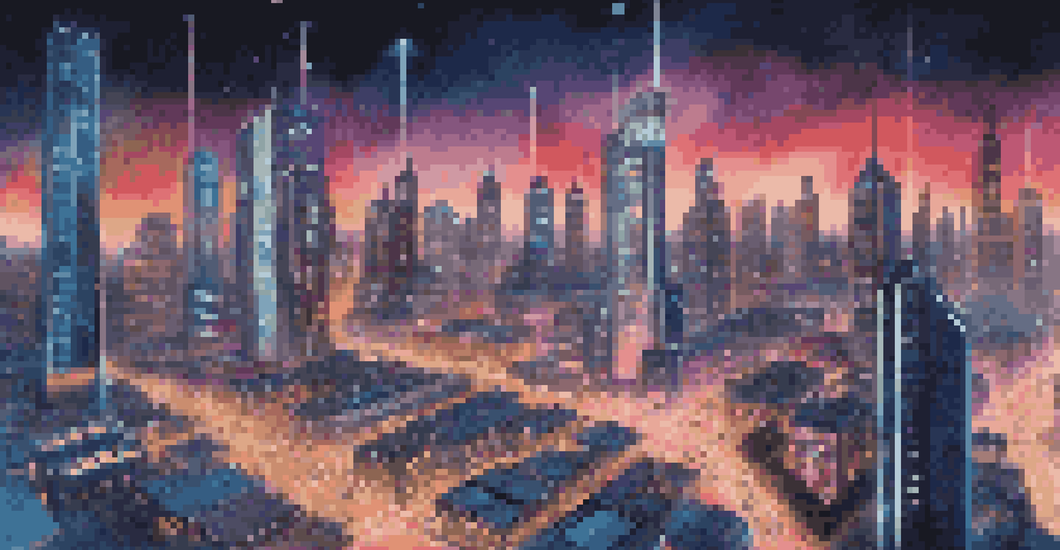 A futuristic cityscape at night, showcasing illuminated buildings and digital data streams, representing the integration of serverless computing and legacy systems.