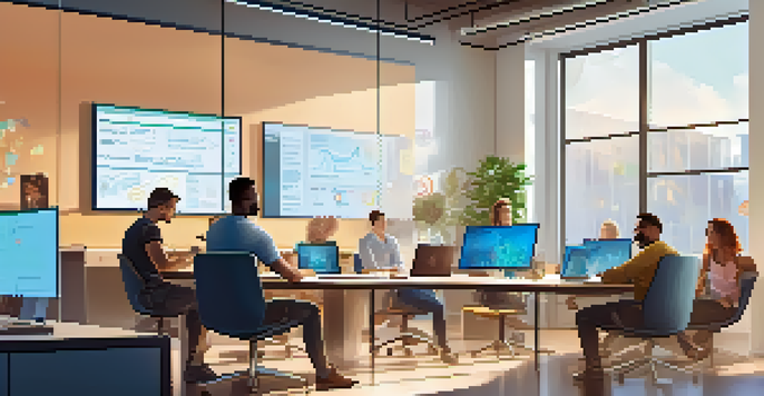 A diverse software development team working together in a bright office, with laptops, sticky notes, and a digital screen.