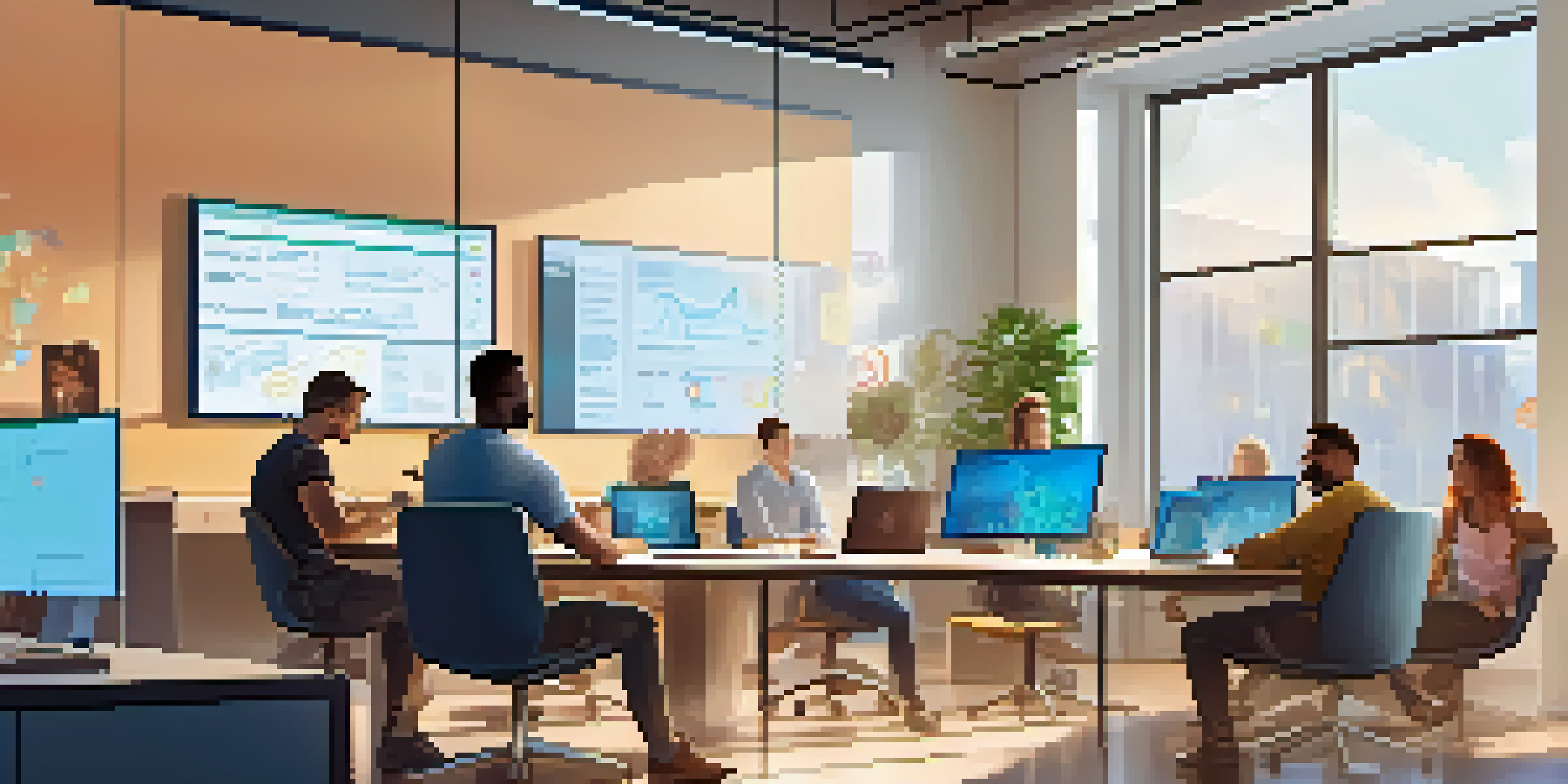 A diverse software development team working together in a bright office, with laptops, sticky notes, and a digital screen.