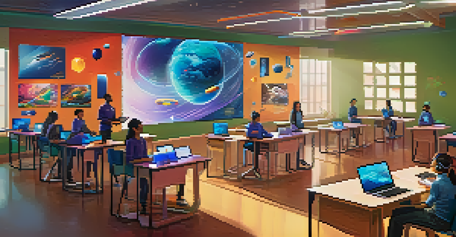 A modern classroom where students are engaged in virtual reality learning, surrounded by advanced technology and colorful holographic displays.