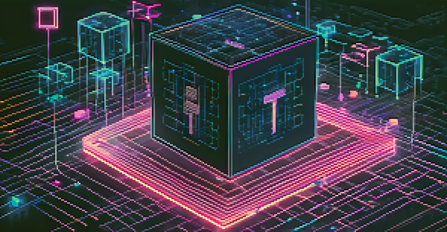 An abstract representation of a blockchain network with interconnected glowing blocks and flowing binary code, symbolizing secure voting.
