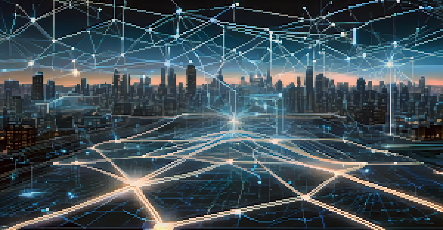 A digital representation of a star network topology with interconnected devices, set against a futuristic cityscape.