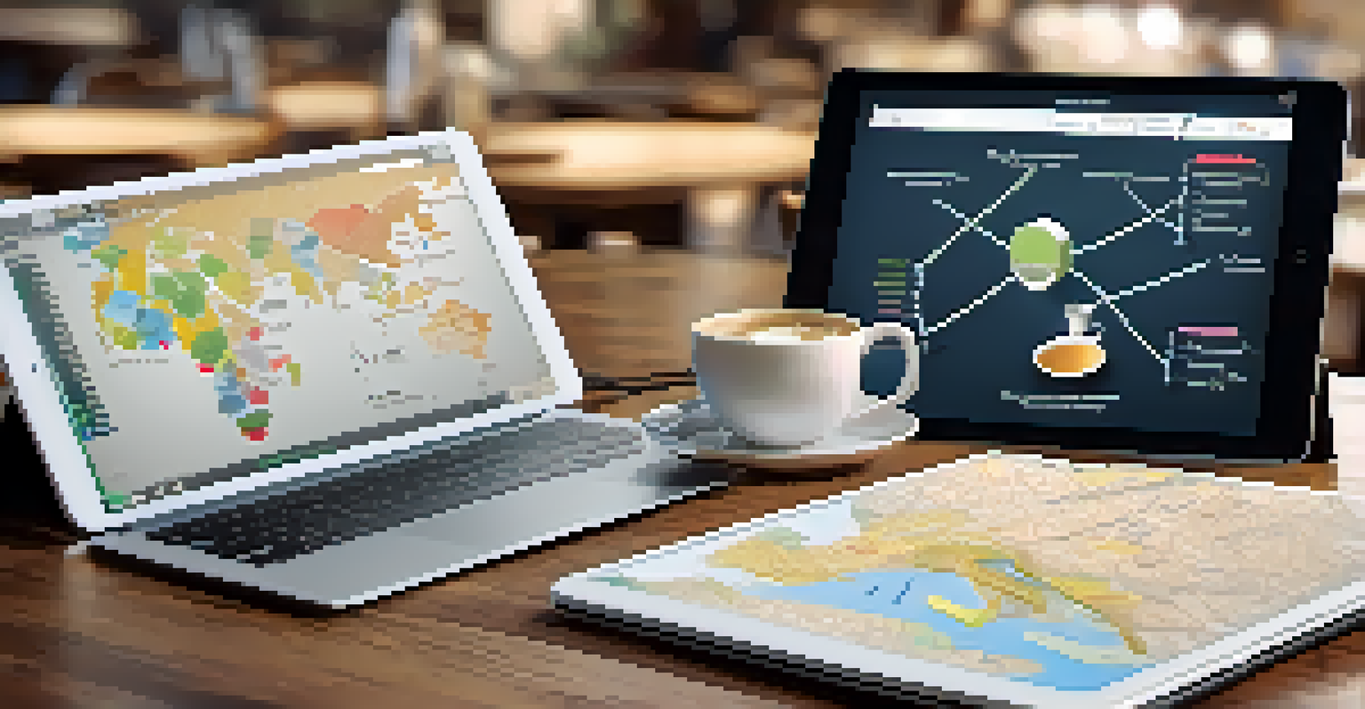A digital tablet displaying a value stream map in a cozy cafe setting where a developer is holding it.