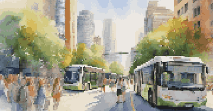 A busy smart city with modern buildings, greenery, electric buses, and people using digital devices under a clear sky.