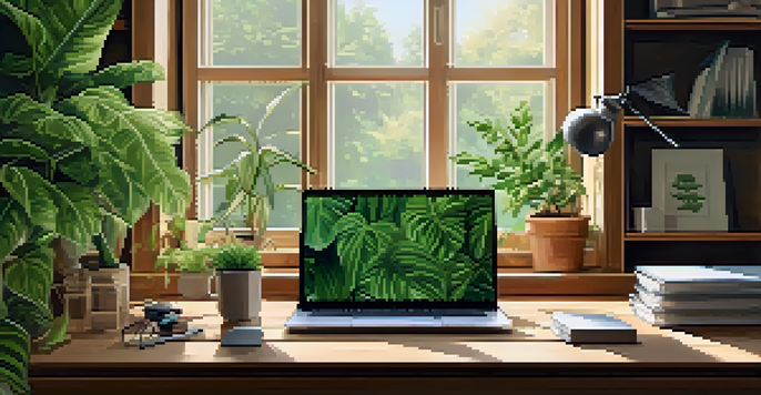 A home office with a laptop on a wooden desk surrounded by green plants, showcasing a bright and sustainable workspace.