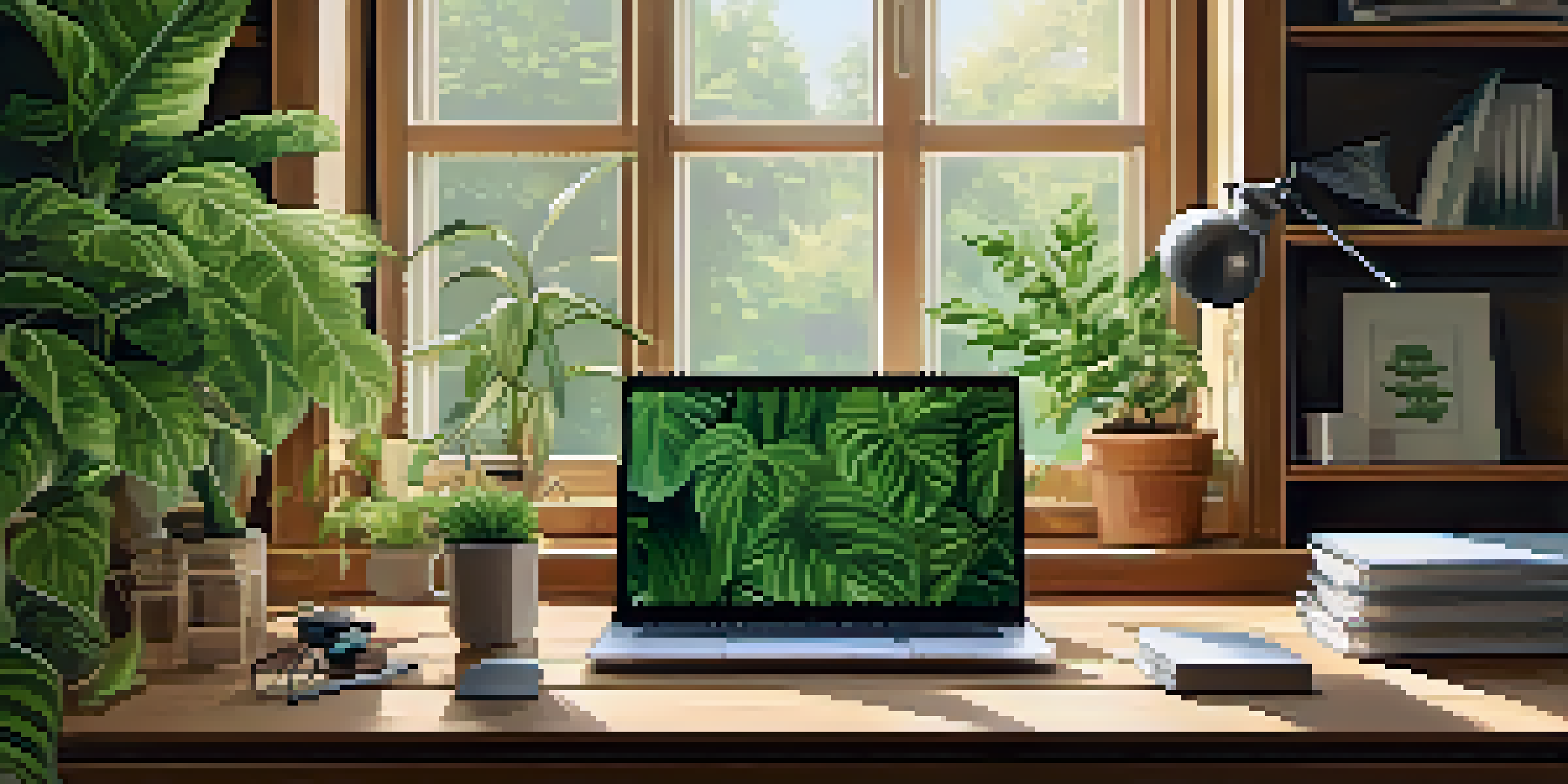 A home office with a laptop on a wooden desk surrounded by green plants, showcasing a bright and sustainable workspace.