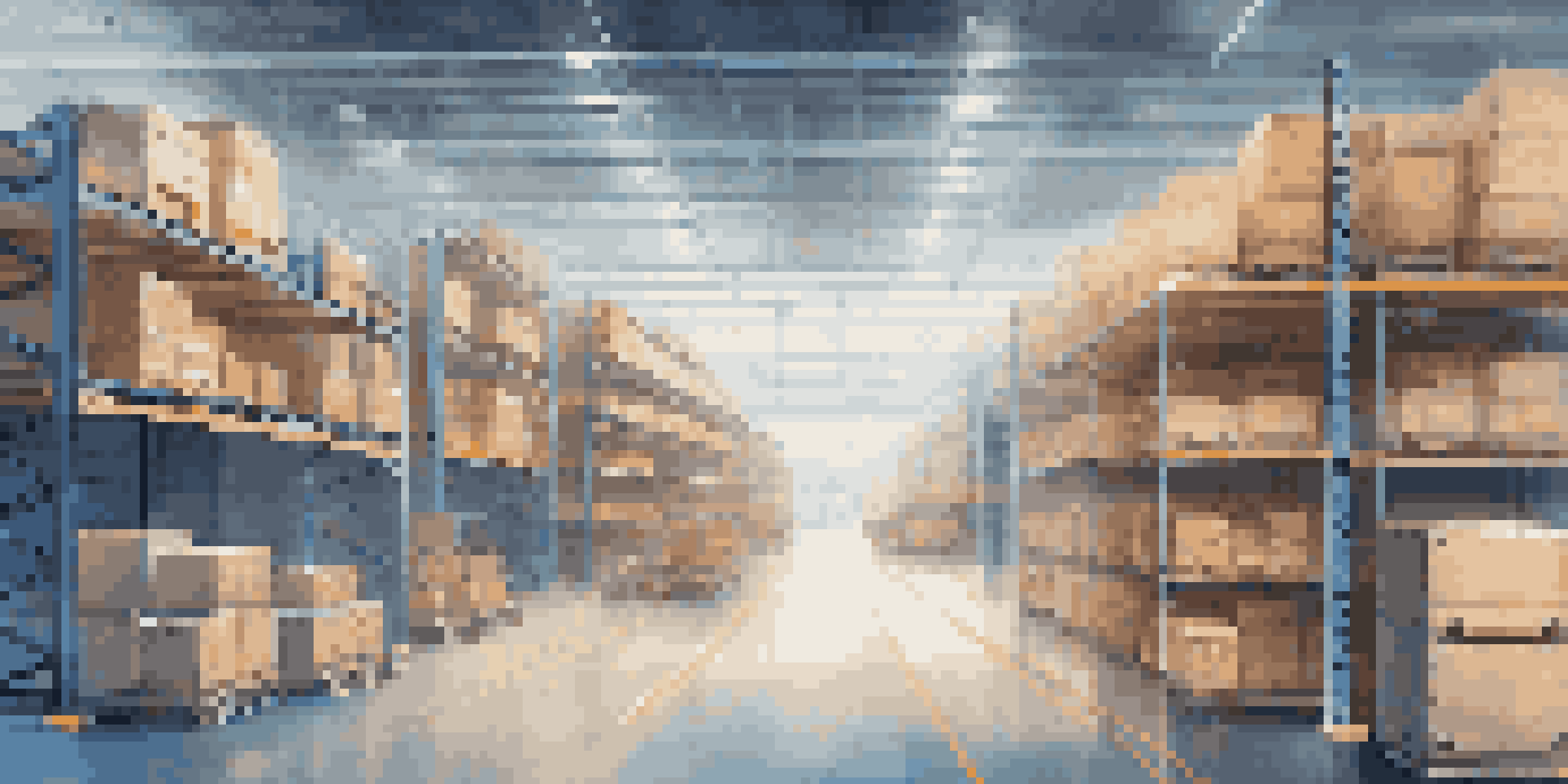 A modern warehouse filled with organized products, featuring robotic arms and a digital screen showing inventory data.