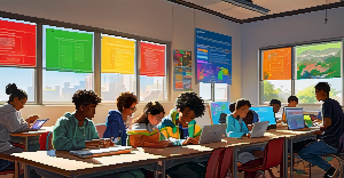 A classroom with students of different backgrounds working together on laptops, engaged in a collaborative learning environment with sunlight filtering in.