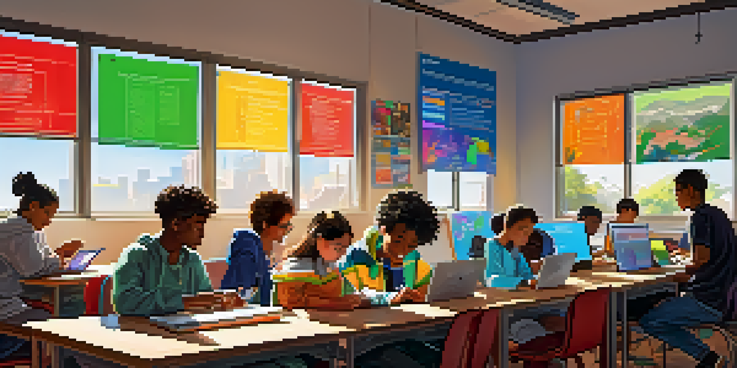 A classroom with students of different backgrounds working together on laptops, engaged in a collaborative learning environment with sunlight filtering in.